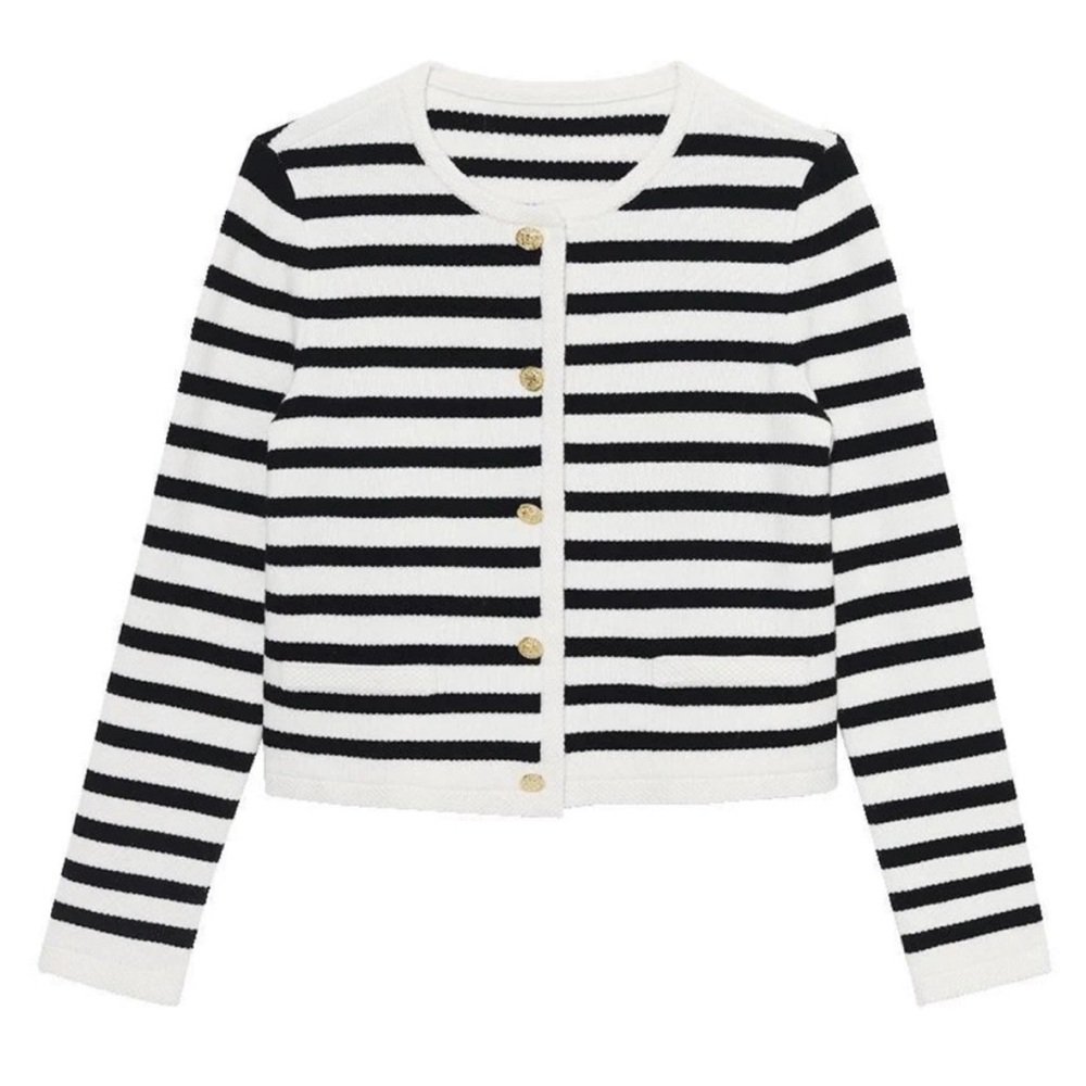 Goelia Wool Blend Black and White Striped Cardigan Gold Button Up Size Medium